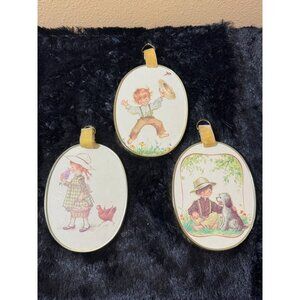 Vintage Ecstasy Oval Prints With Velvet Hangers Featuring Children & Animals